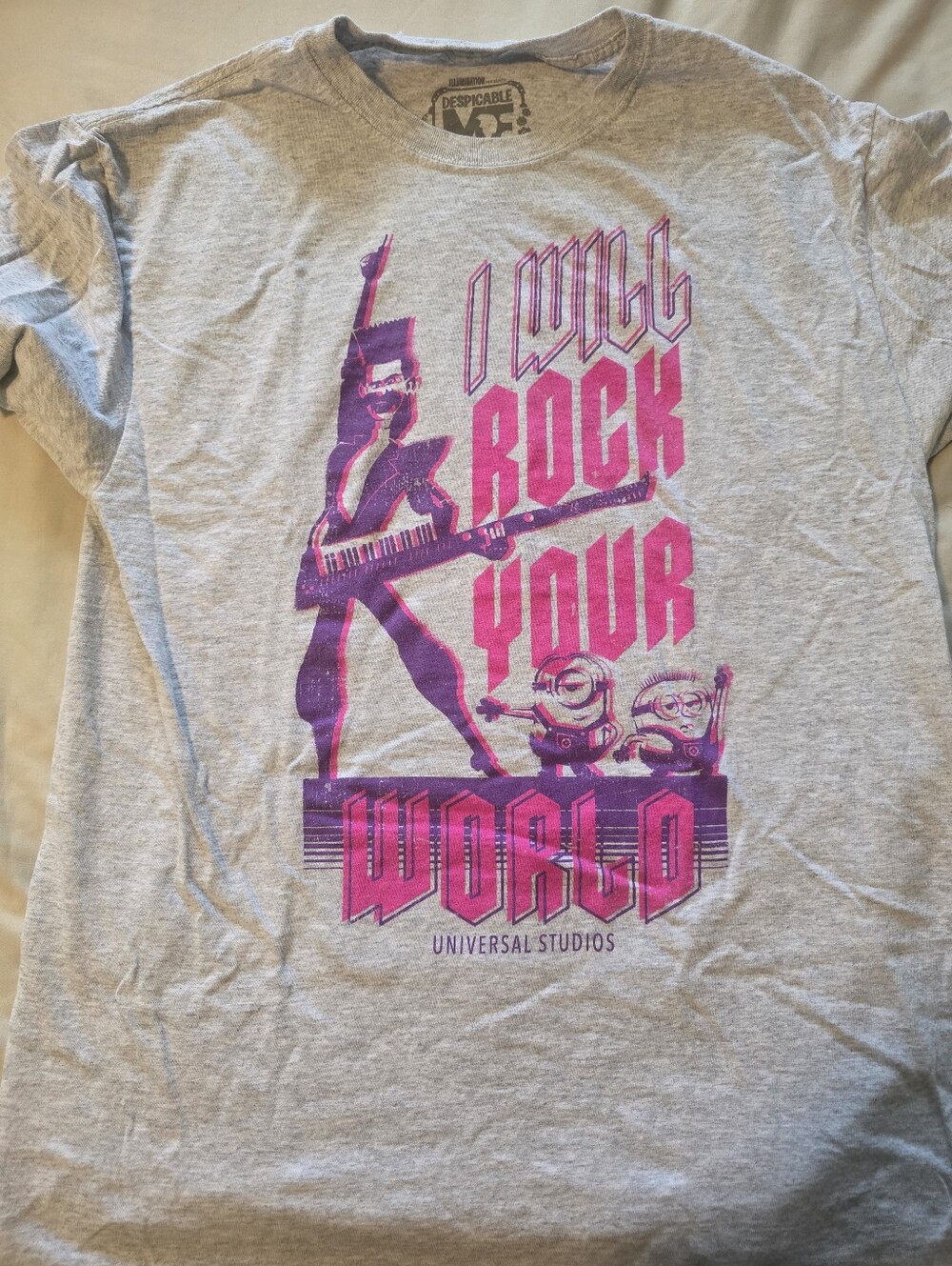 Universal Gray Tee with Pink & Purple 'I Will Rock Your World' Graphic